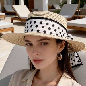 🆕 Flat Top Straw Hat With Polka Dot Ribbon